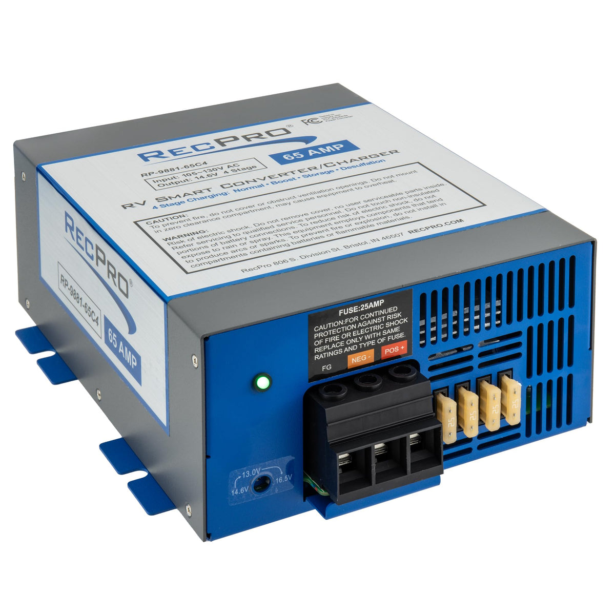 RecPro 65 Amp front panel view showing controls and LED indicators for easy monitoring