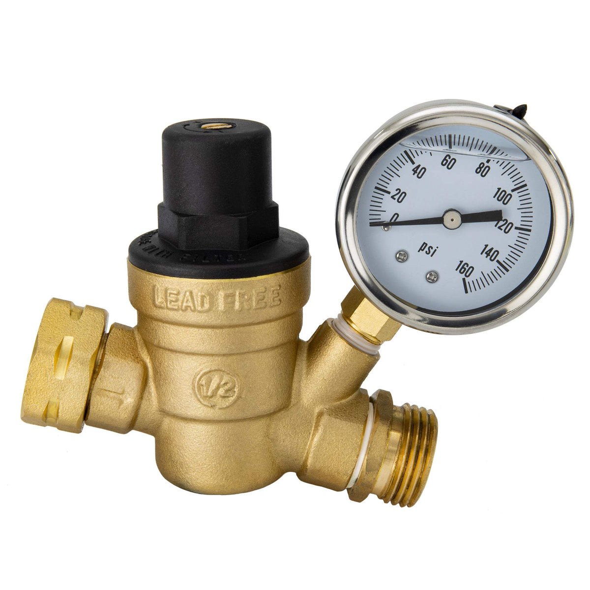 RecPro regulator front view showing gauge and valve — protects RV plumbing