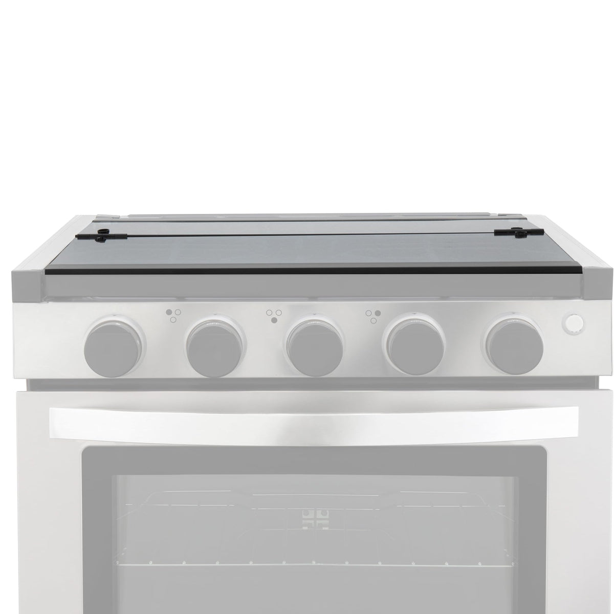RecPro glass top installed and open on RV cooktop showing functional benefit