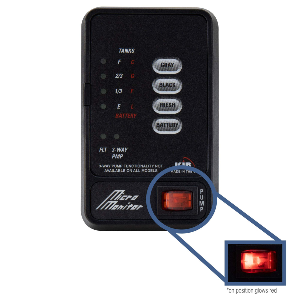 RecPro M21 close-up of LED lights illustrating precise tank level visibility