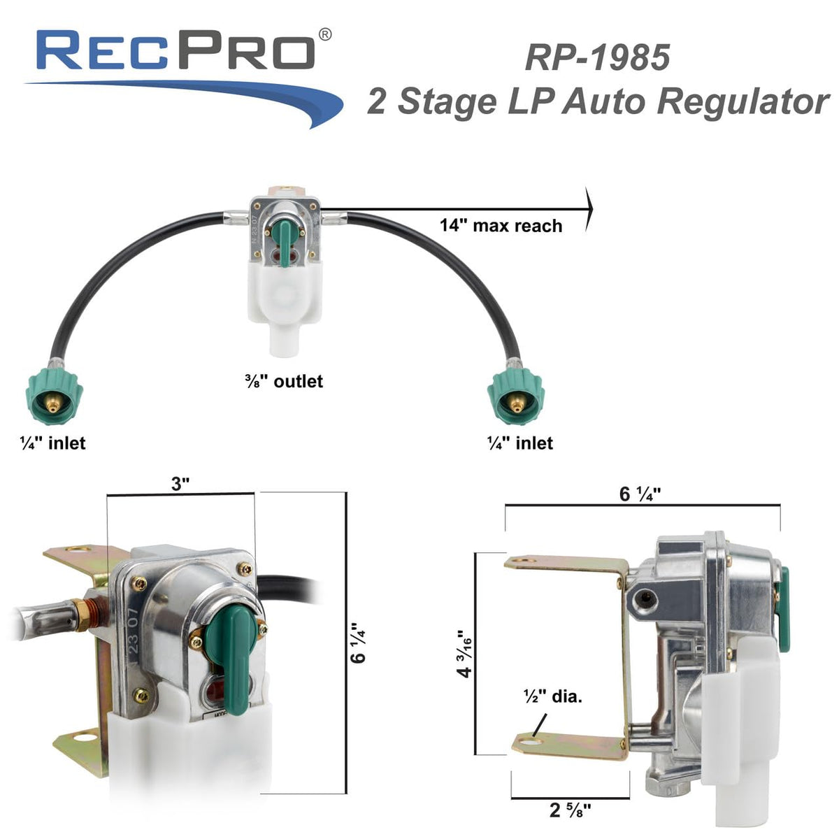 RecPro regulator threaded inlet and outlet detail ensuring secure NPT connections