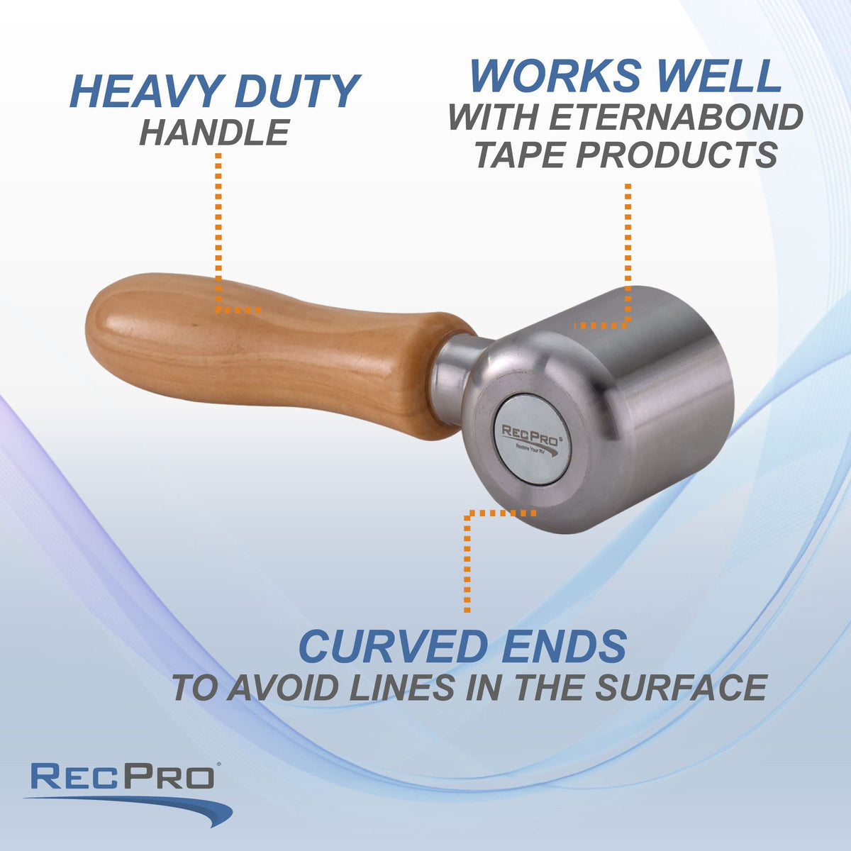 RecPro roller being used on an RV roof for secure tape adhesion