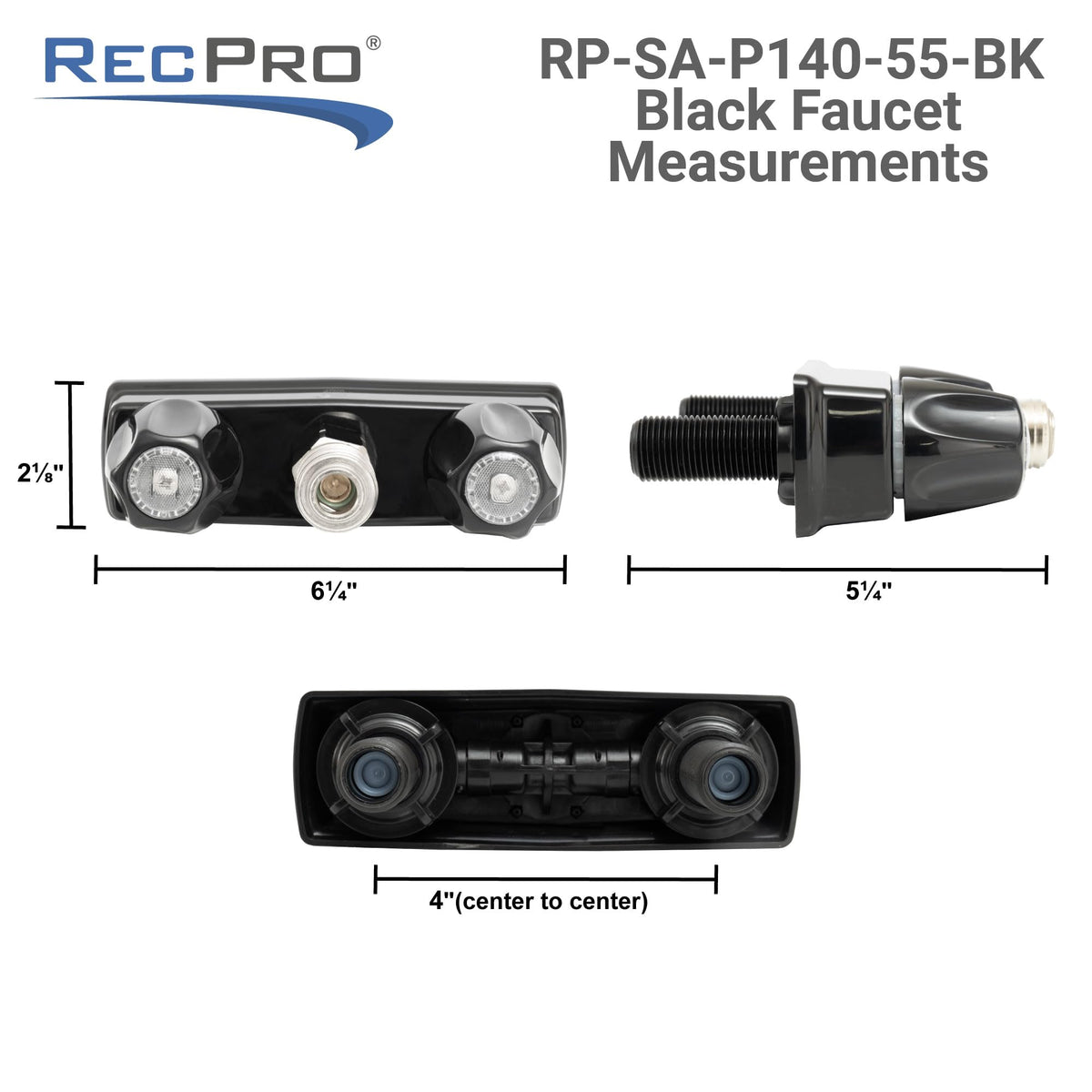 RecPro faucet beside ruler showing dimensions for accurate sizing and fit