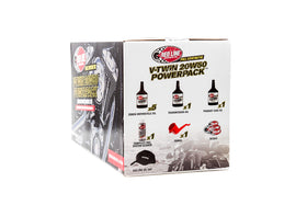 Red Line 20W50 motor oil bottle label detail showing product info and V‑Twin viscosity benefit