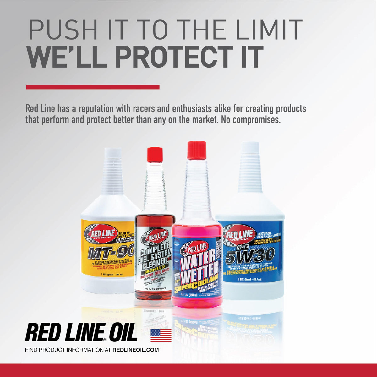 Red Line bottle on garage bench near vehicle conveying performance readiness