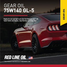 Red Line bottle pouring gear oil into differential demonstrating correct application