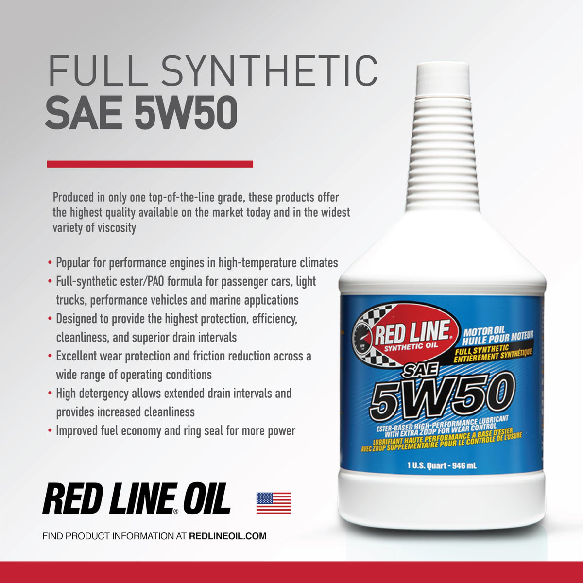 Red Line 5W-50 pouring into engine demonstrating clean filling and protection