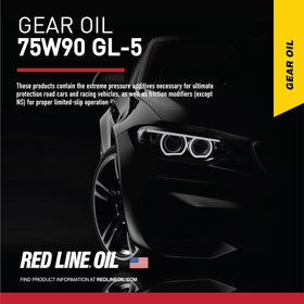 Red Line label close-up highlighting specifications and GL-5 approval for confidence