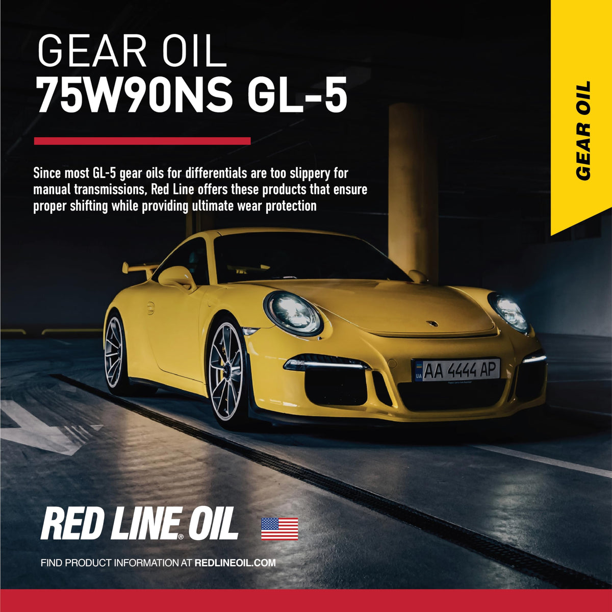Red Line label closeup highlighting specifications and GL‑5 75W90 benefits