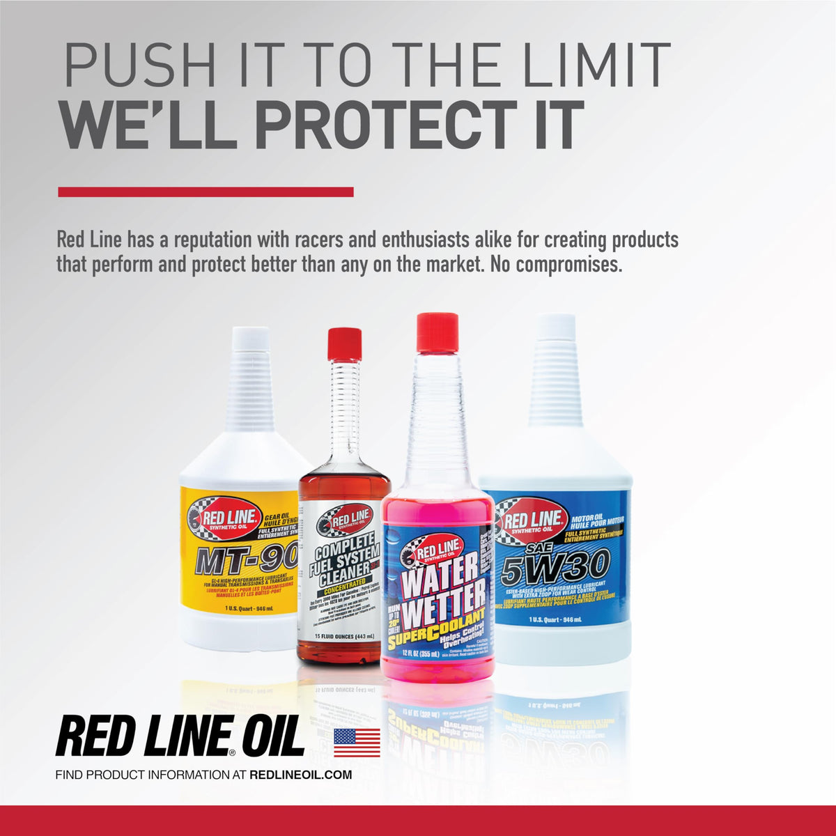 Red Line bottle on garage bench with tools showing professional-grade maintenance
