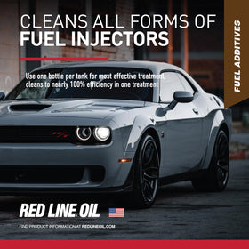 Red Line bottle beside engine bay illustrating injector and valve cleaning