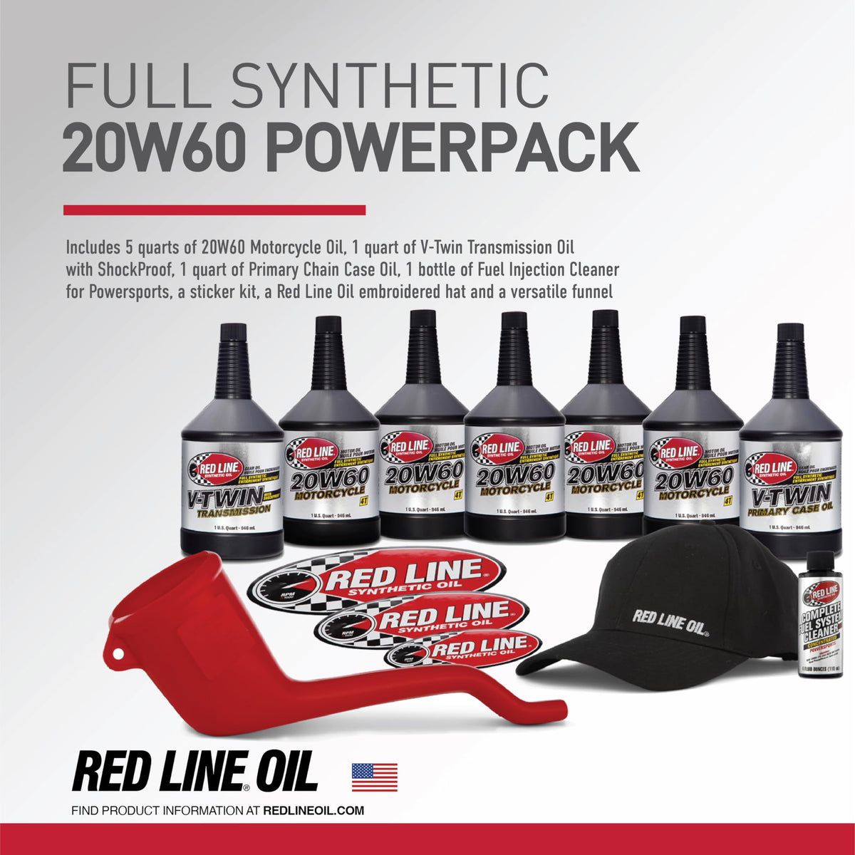 Red Line V-Twin transmission oil bottle label showing ShockProof additive for smoother shifts