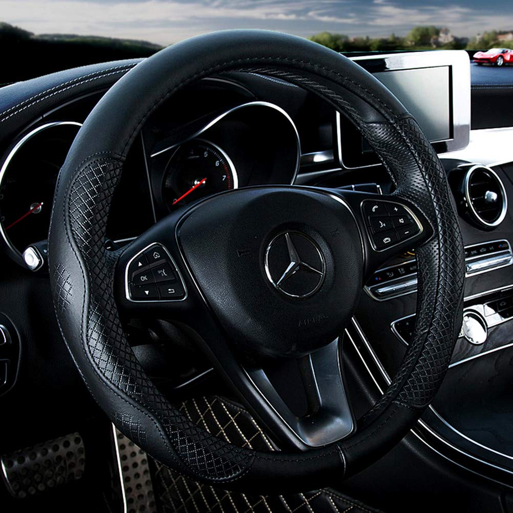 Red Rain front view of black leather steering wheel cover showing sleek fit and style