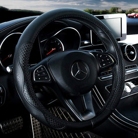 Red Rain front view of black leather steering wheel cover showing sleek fit and style