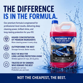 Red, White & Shine foam cannon application on RV demonstrating easy coverage