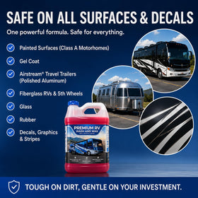 Red, White & Shine rinsed RV surface showing streak-free glossy finish