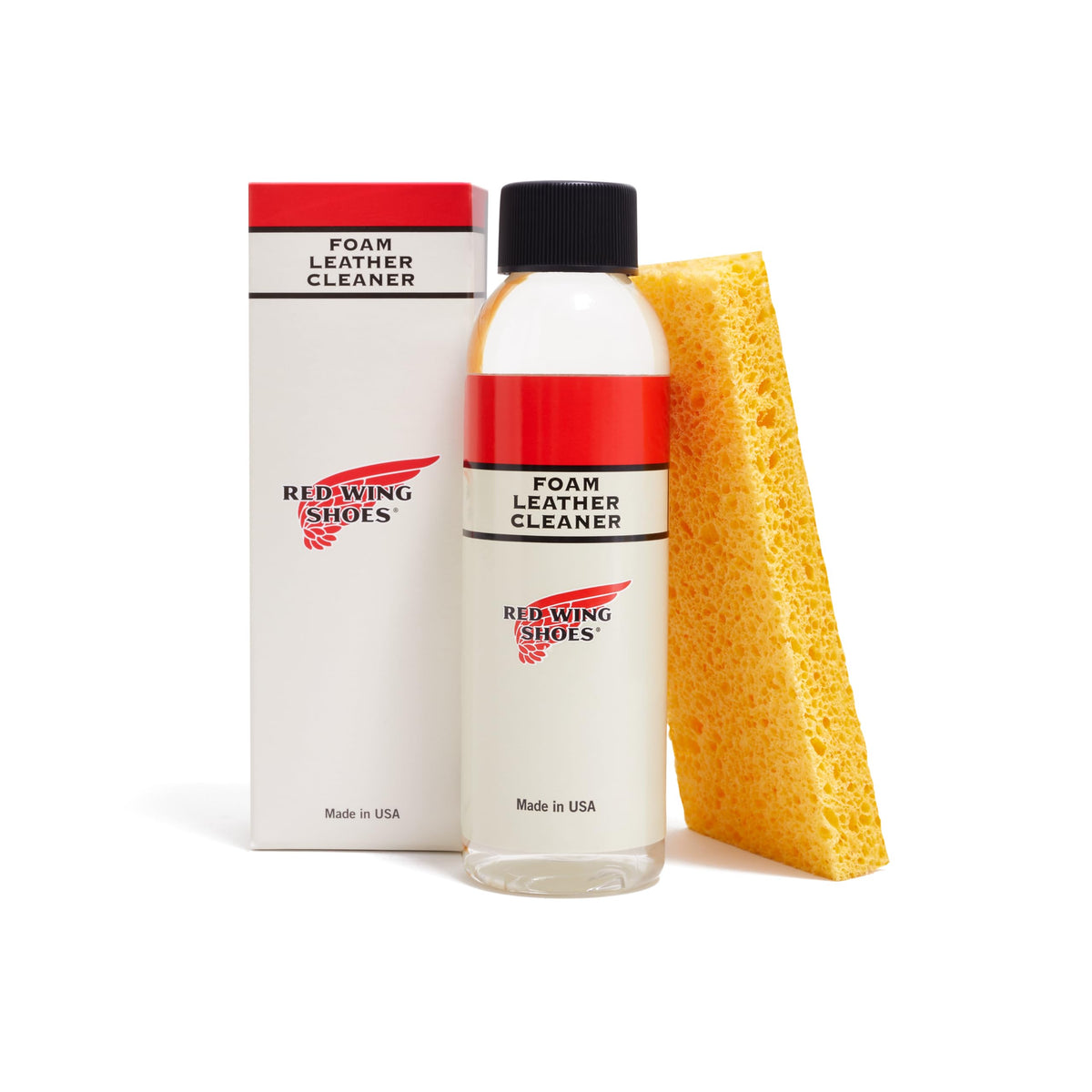 Red Wing Shoes front label of foam leather cleaner showing bottle and benefits