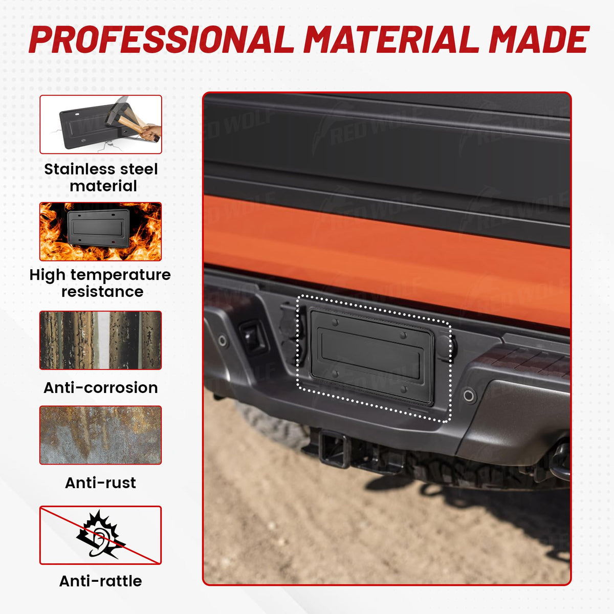 RED WOLF detail of 1.5mm raised edge securing plate and preventing number obstruction