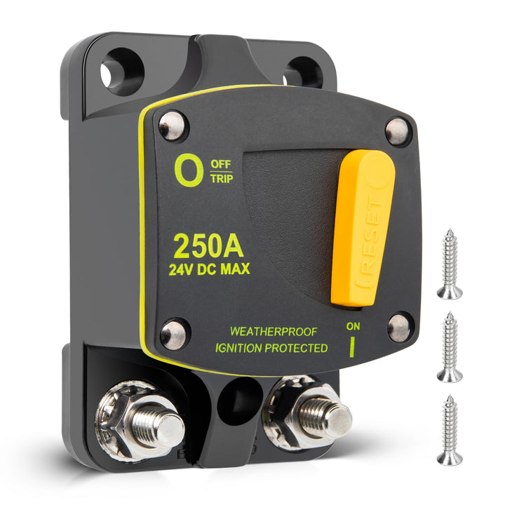 RED WOLF front view showing compact 250A breaker and mounting base for protection
