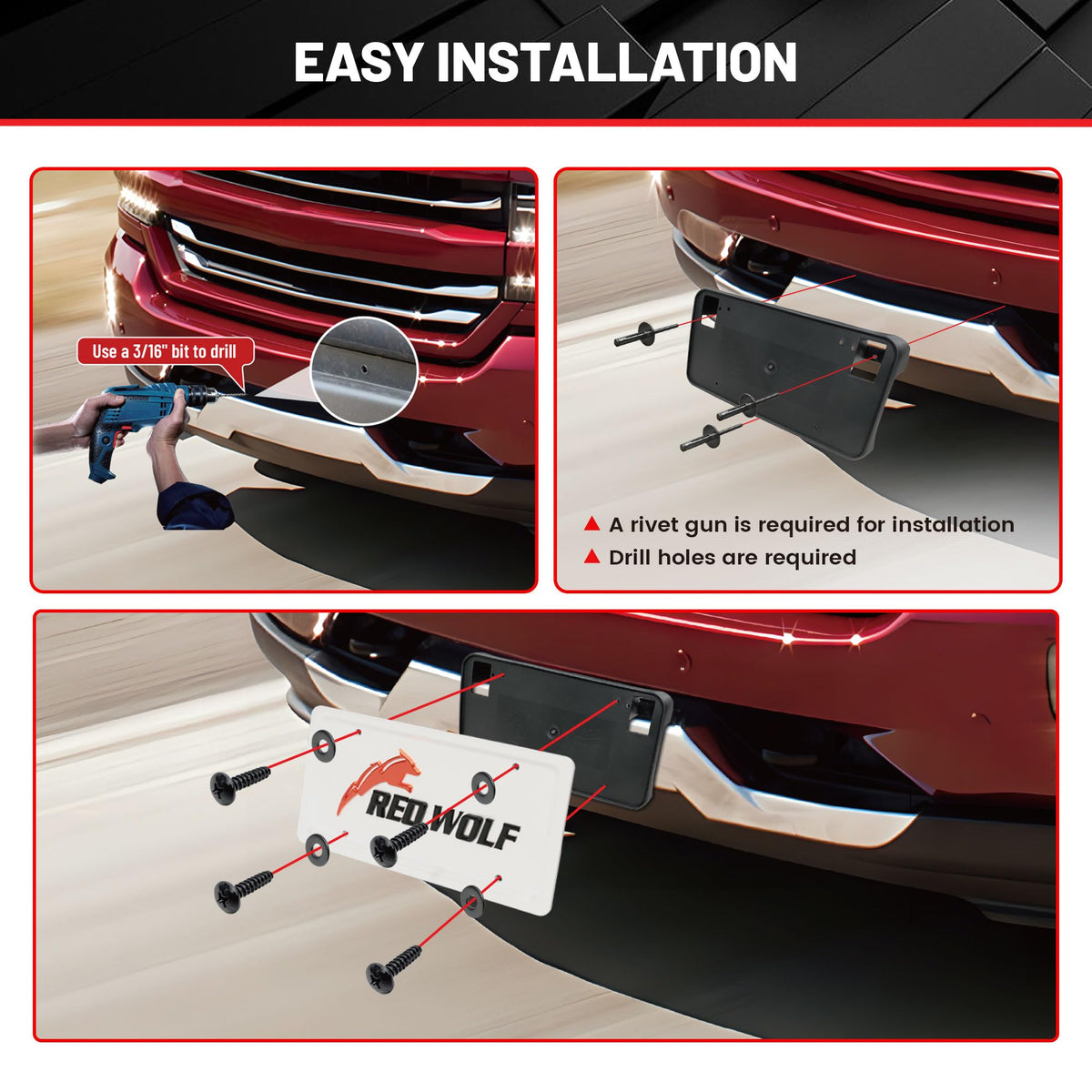 RED WOLF bracket mounted on Silverado bumper demonstrating secure plate alignment