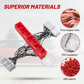 RED WOLF harness alongside ruler to show cable length and easy routing benefit