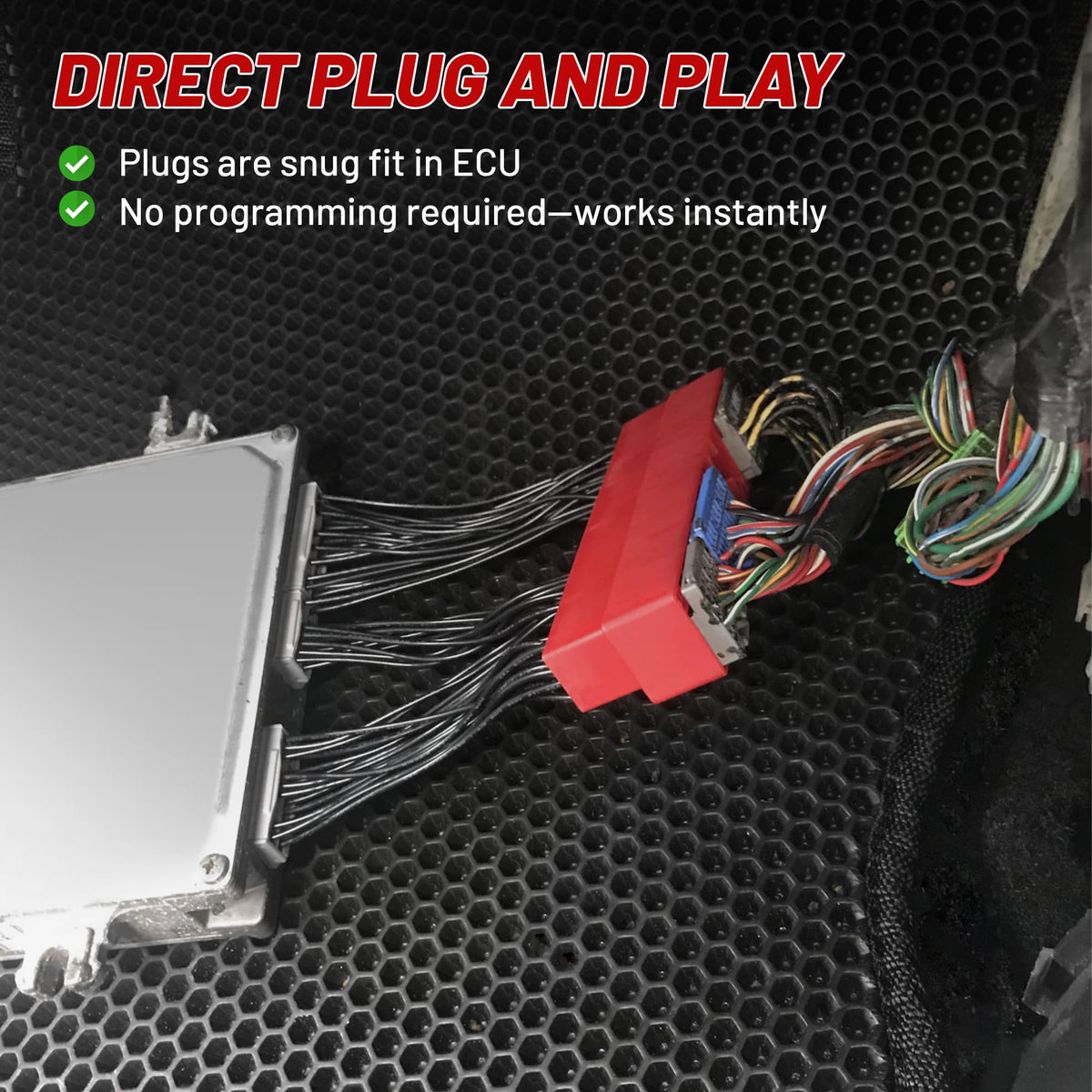 RED WOLF harness installed under dashboard demonstrating plug-and-play fit and tidy routing