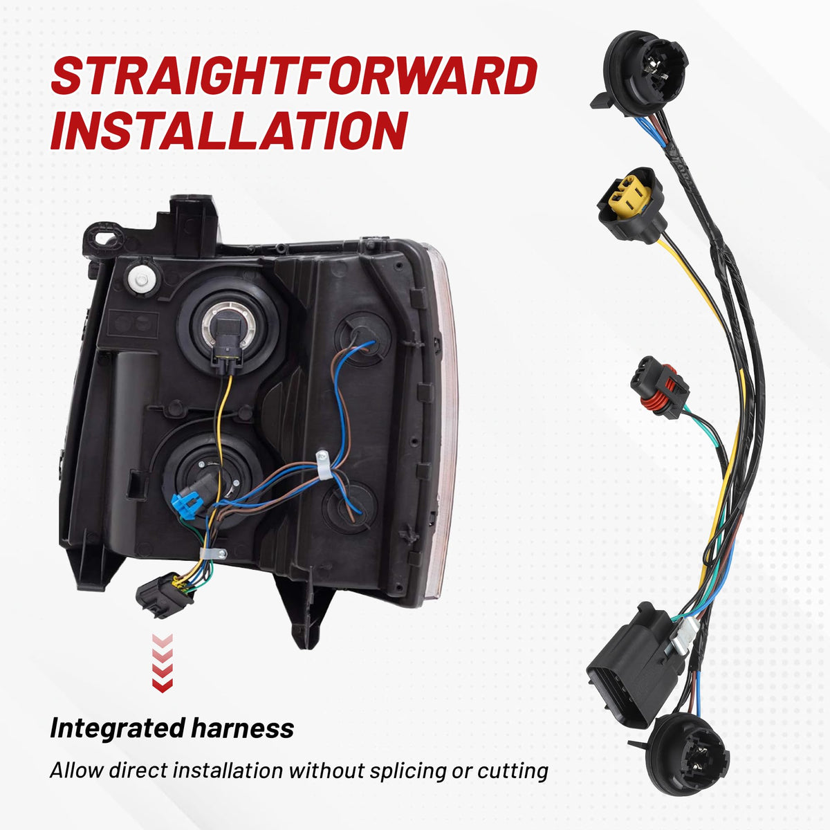 RED WOLF harness attached to headlight assembly, displays proper bulb fitment