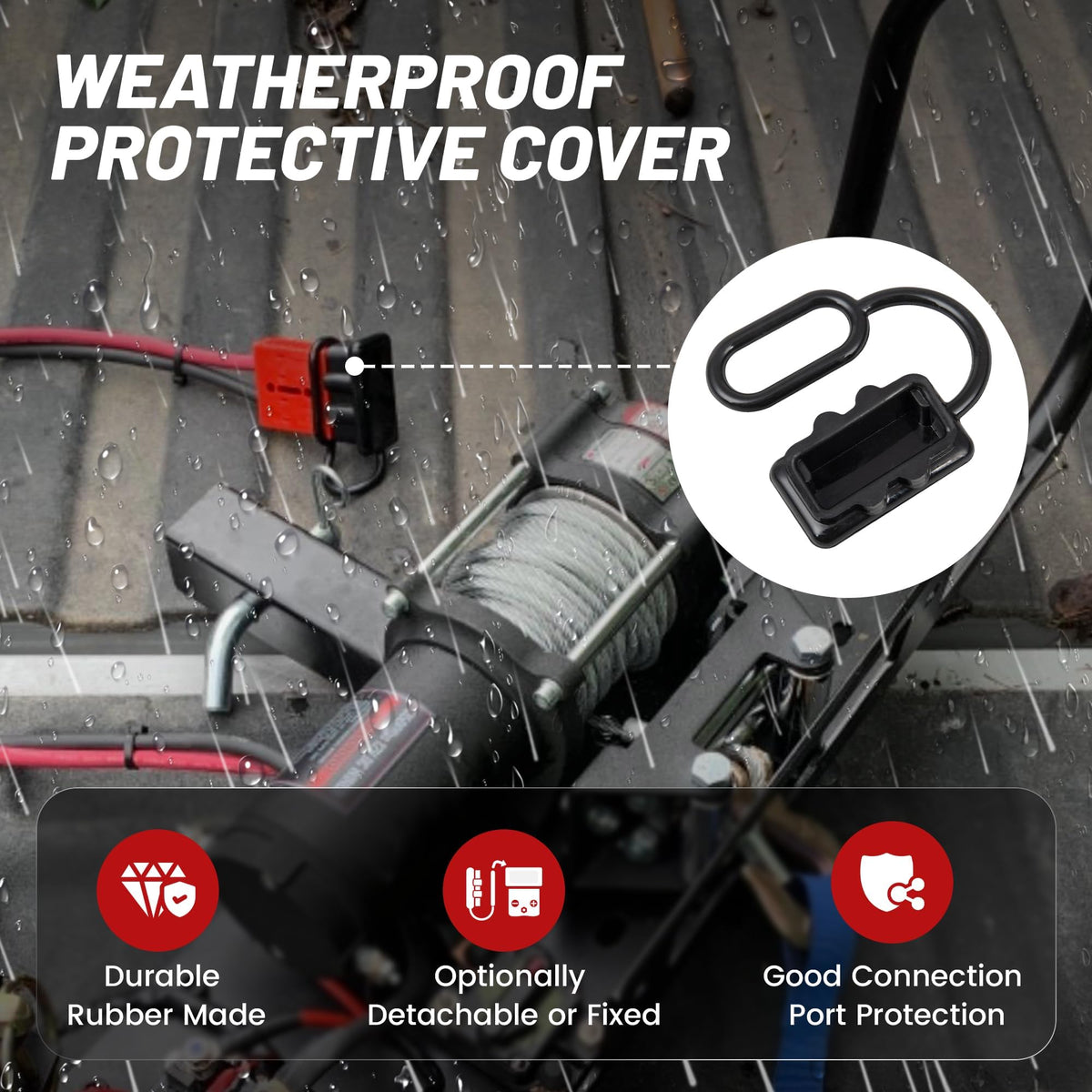 RED WOLF plugged into an RV battery demonstrating fast connect/disconnect convenience