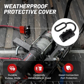 RED WOLF plugged into an RV battery demonstrating fast connect/disconnect convenience