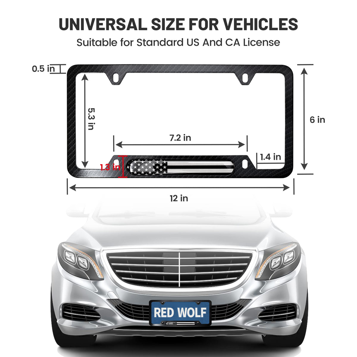 RED WOLF frame beside ruler showing standard 12x6 size for universal fit confirmation