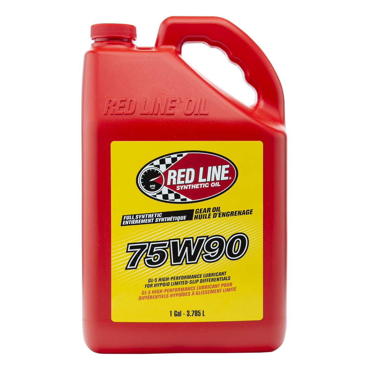 Red Line 75W90 front label showing product identity and benefits