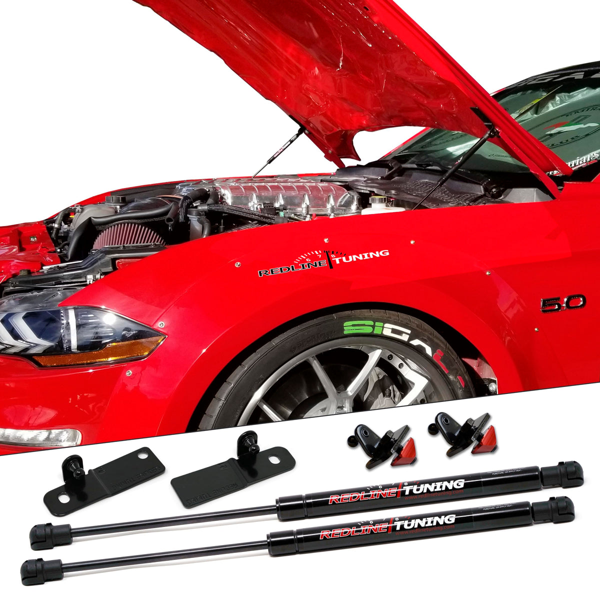 Redline Tuning hood Quicklift front view showing lift and neat engine bay