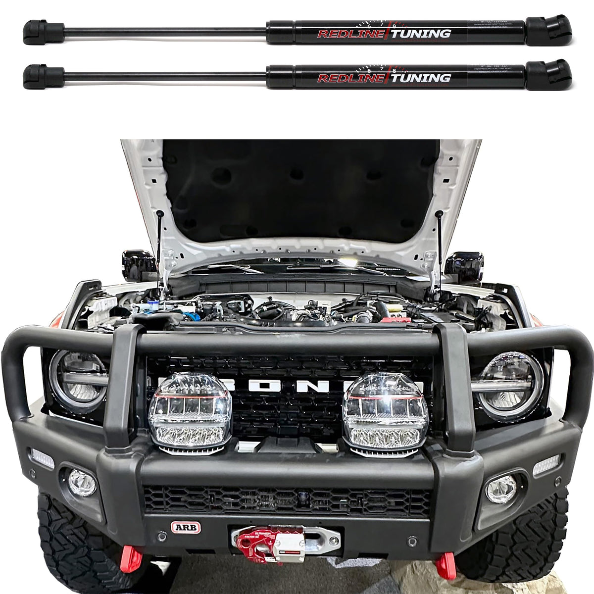 Redline Tuning installed on Bronco side view demonstrating higher hood clearance