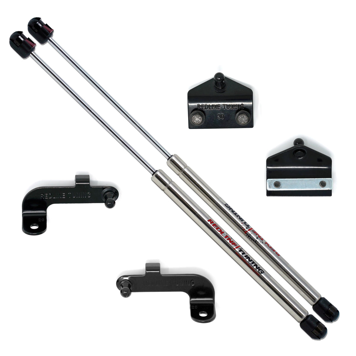Redline Tuning closeup of stainless gas strut highlighting durable construction