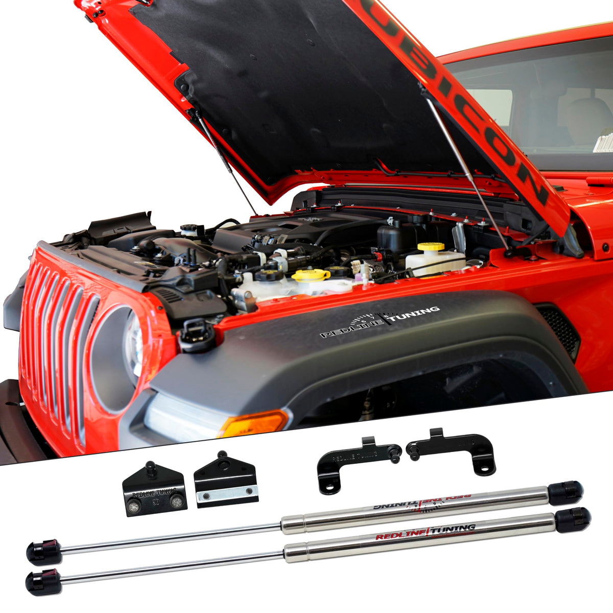 Redline Tuning Quicklift front view showing installed kit and improved hood access