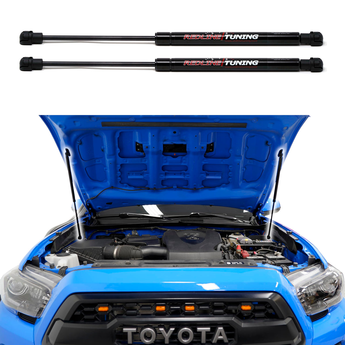Redline Tuning side view of hood lifted higher showing improved clearance and access