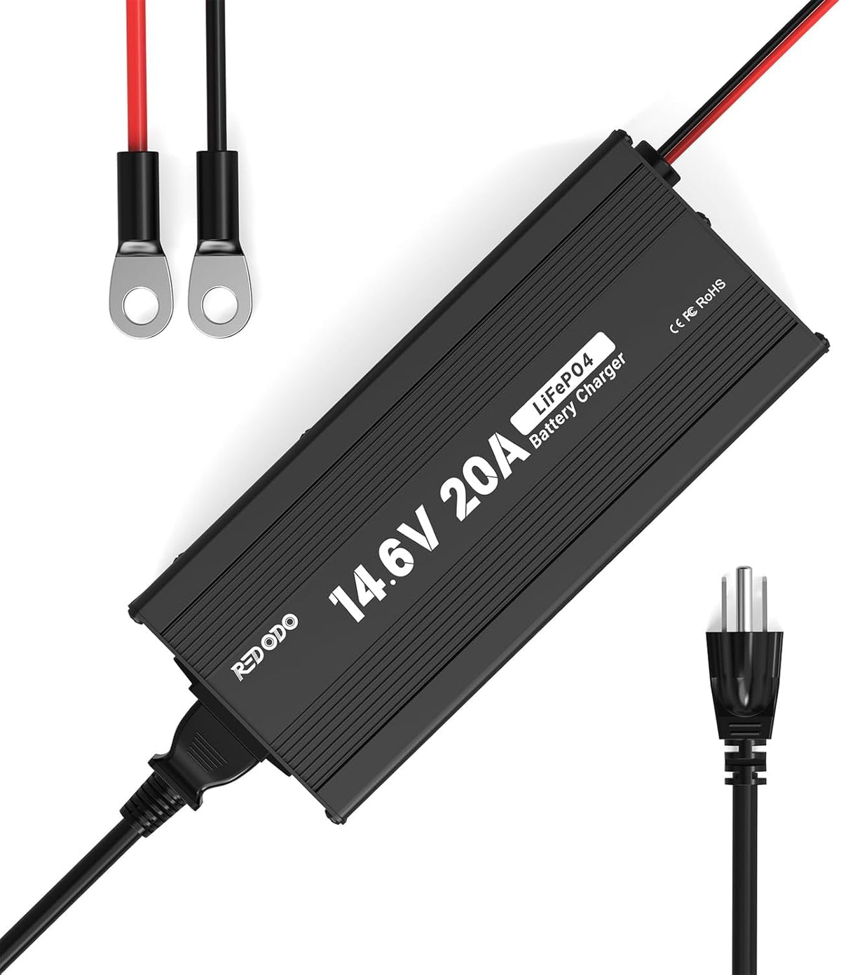 Redodo charger front panel showing model and controls for reliable fast charging