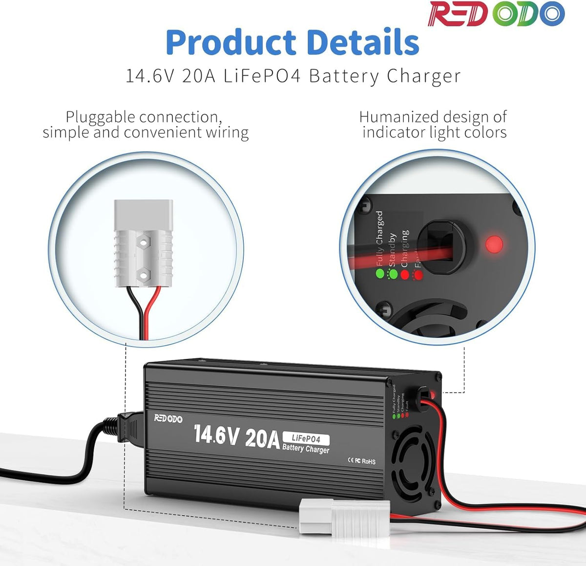 Redodo two LED indicators showing charge status and easy diagnostics