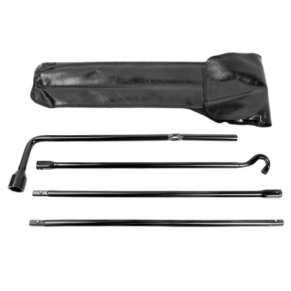 Reeauto front view of complete spare tire tool kit showing all parts and bag for quick access