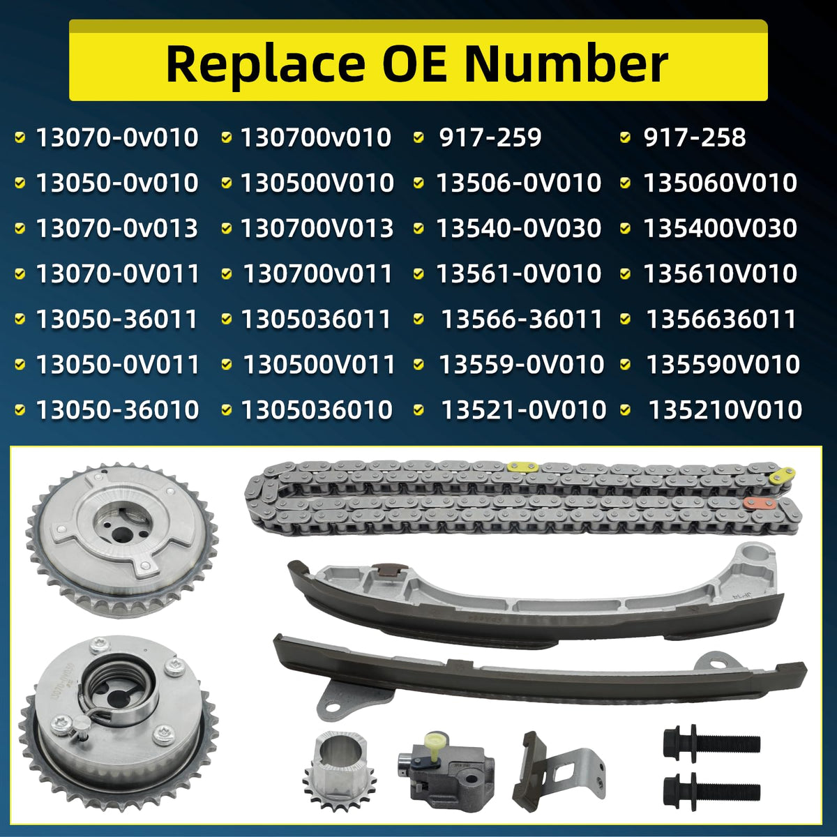 reemplazo cam sprockets and gear arranged to show precise fit and durability