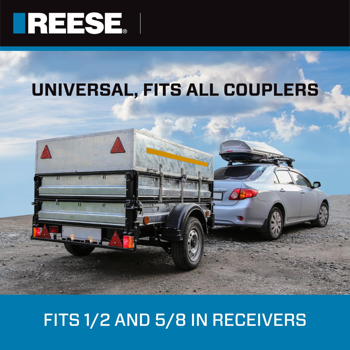 REESE adjustable-span measurement graphic showing 0.625–1 inch fit for accurate installation