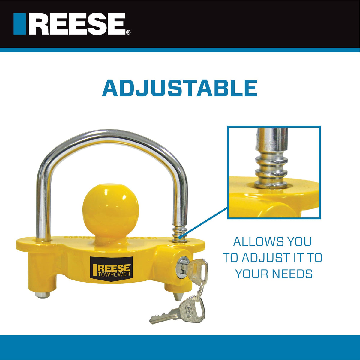 REESE lock installed on a trailer coupler demonstrating secure fit and protection