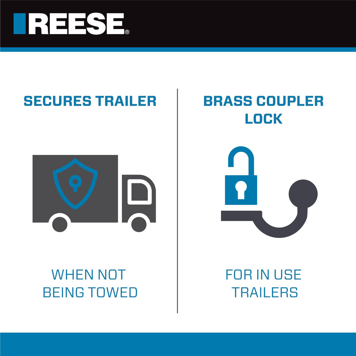 REESE dual bent pin receiver lock displayed to show compatibility with 1/2 and 5/8 pins
