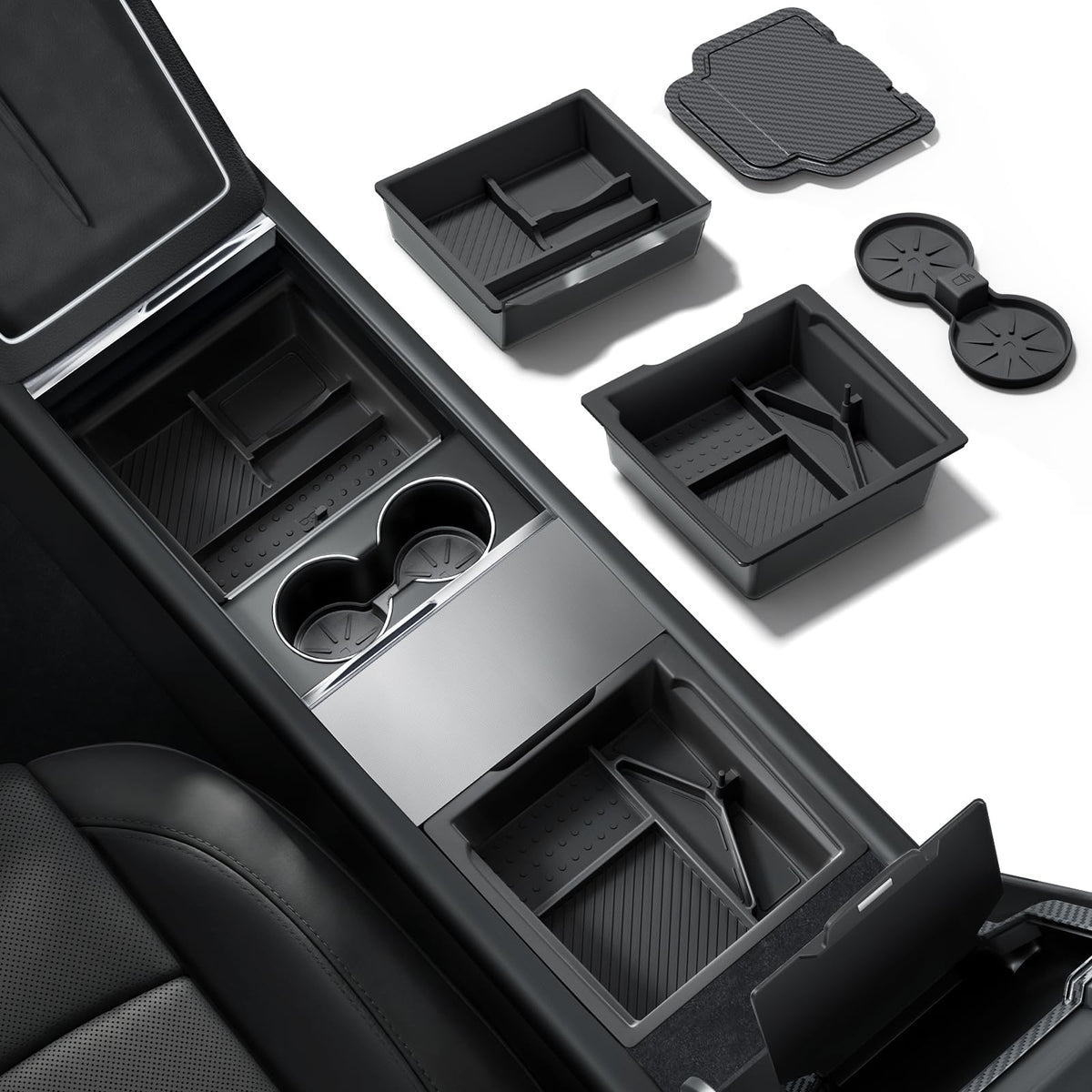 REEVAA front view of center console organizer showing neat storage benefit