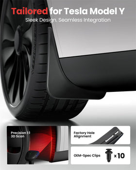 REEVAA installed front left mud flap on Tesla Model Y demonstrating fit