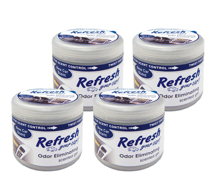 Refresh Your Car front packaging showing compact 4.5 oz gel can and scent-control lid benefits