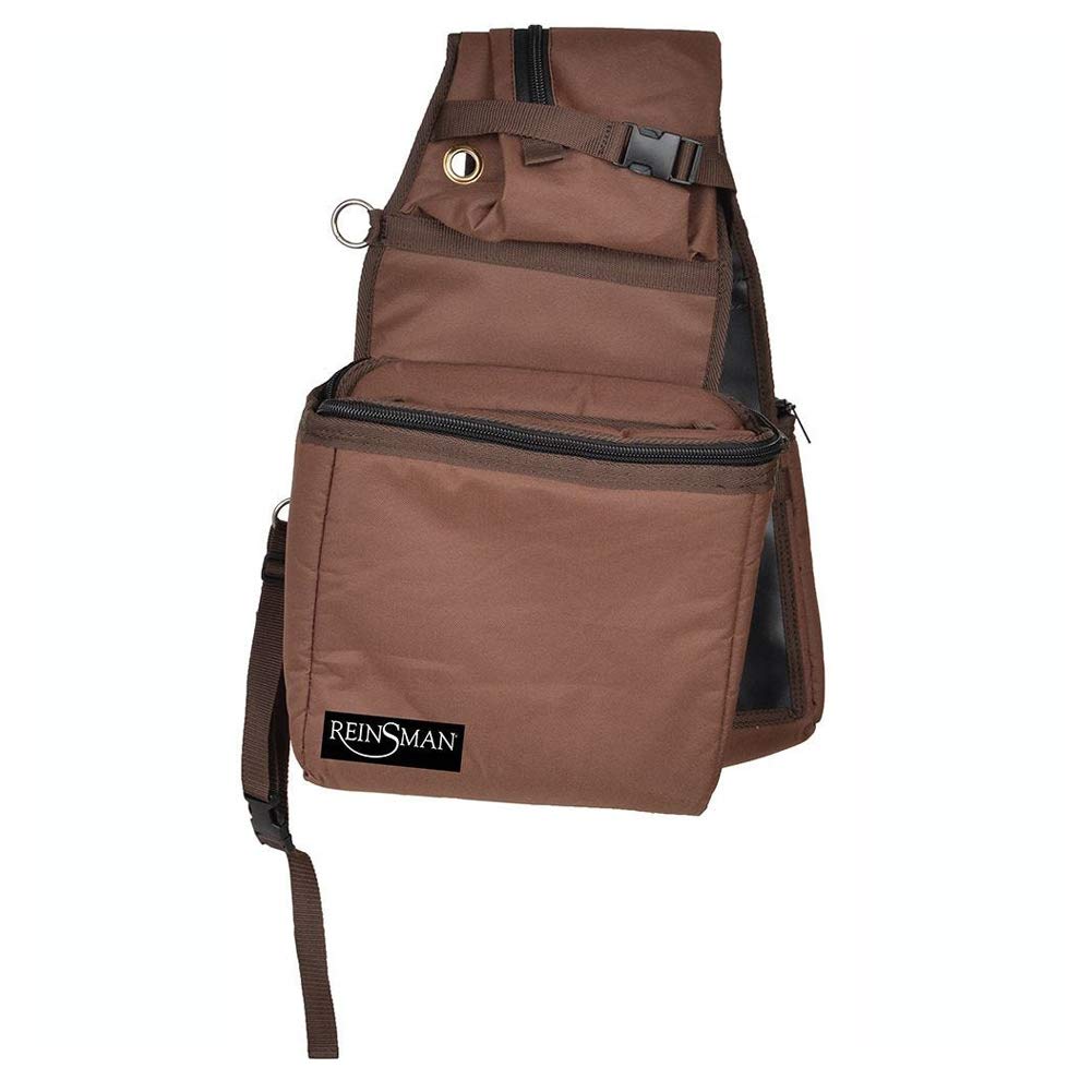 Reinsman cooler saddle bag front view showing secure SRB attachments and brown finish for durable trail use