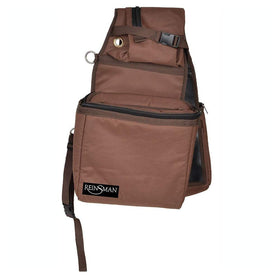 Reinsman cooler saddle bag front view showing secure SRB attachments and brown finish for durable trail use