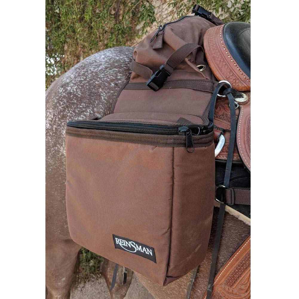 Reinsman insulated side compartment open showing leakproof lining and easy-access top zipper for cold storage