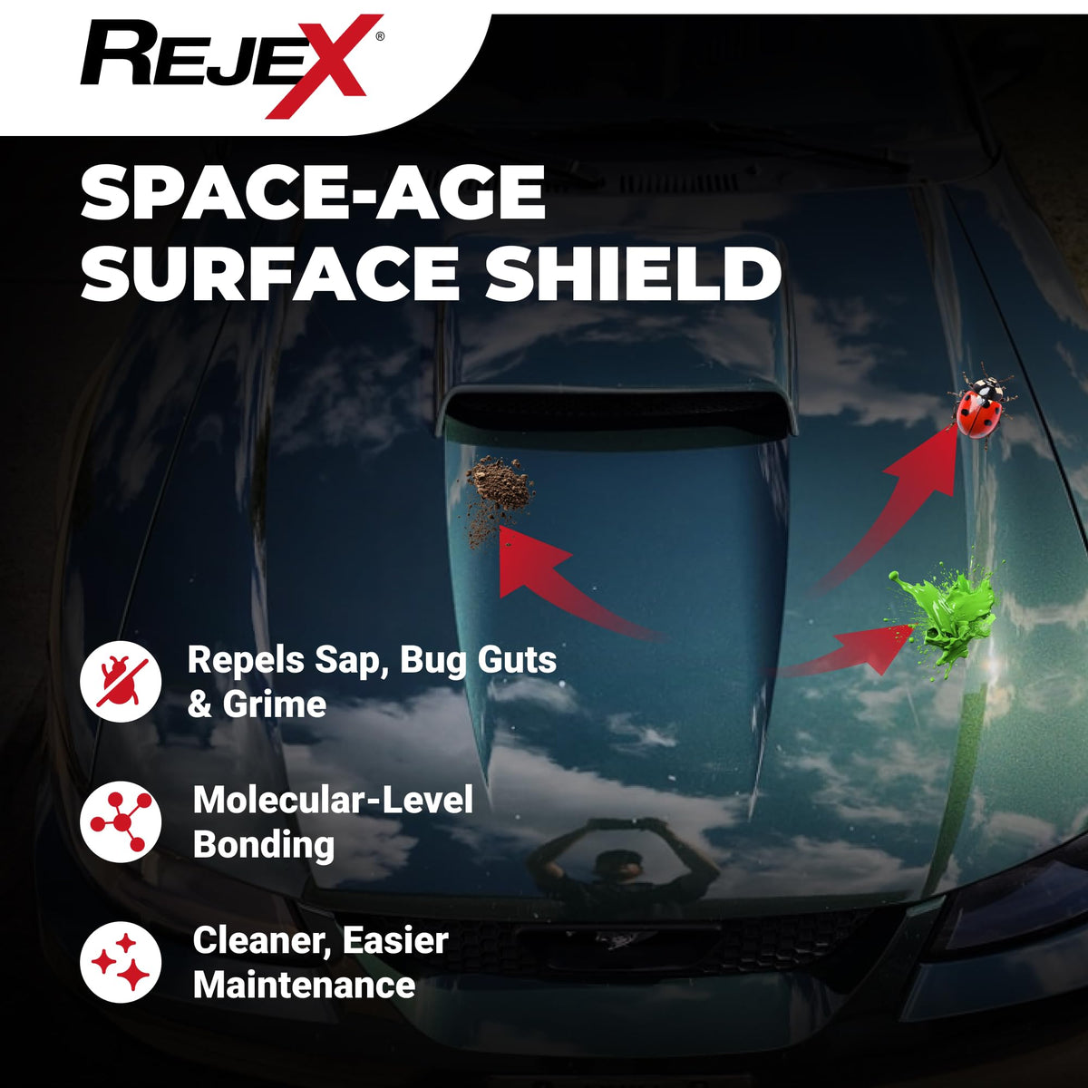 RejeX label close-up highlighting surface compatibility and benefits